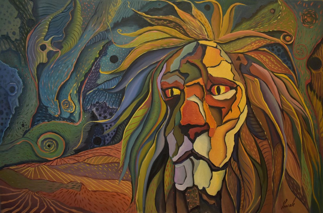 Pintura abstracta de un león con múltiples colores.