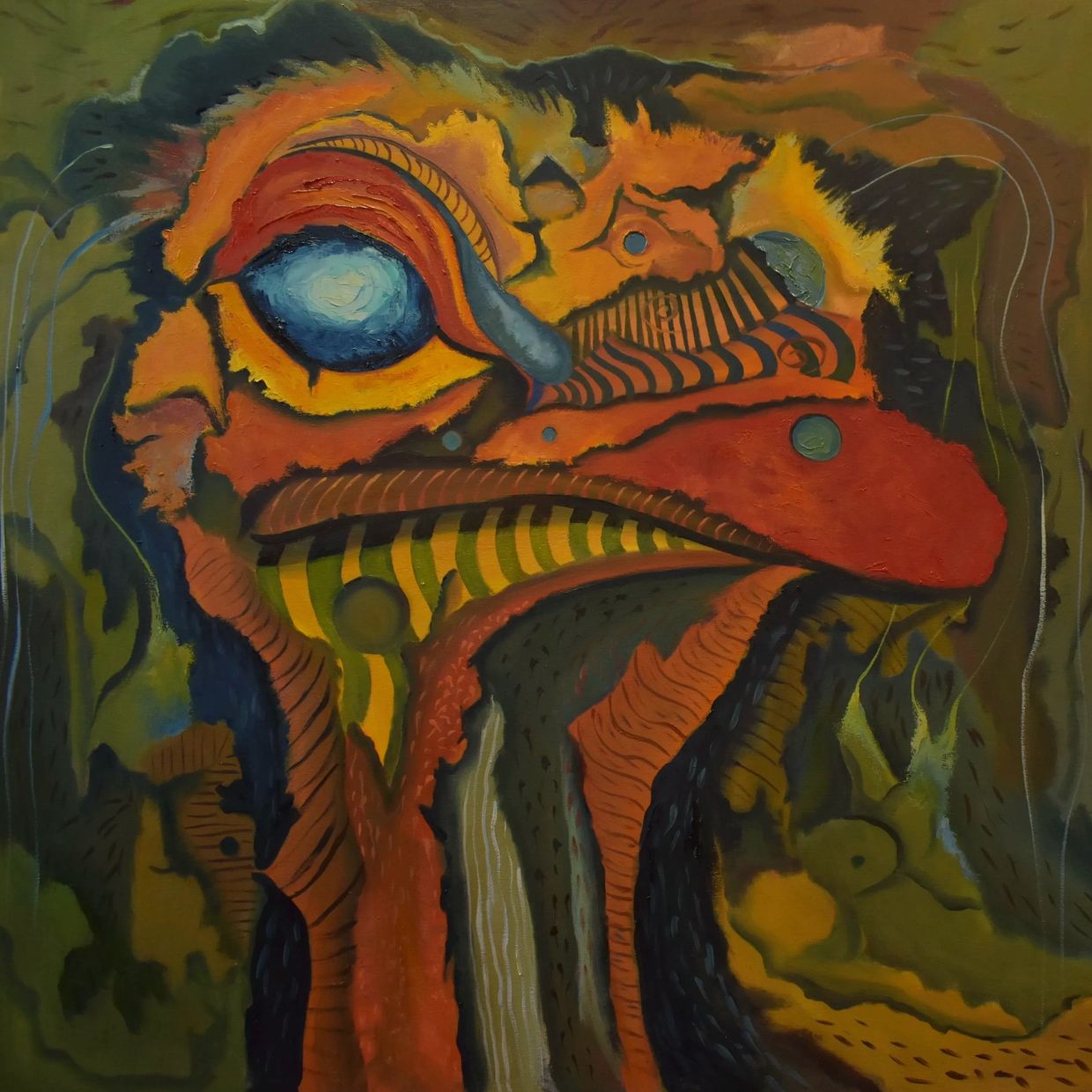 Pintura abstracta de una criatura con colores vibrantes.