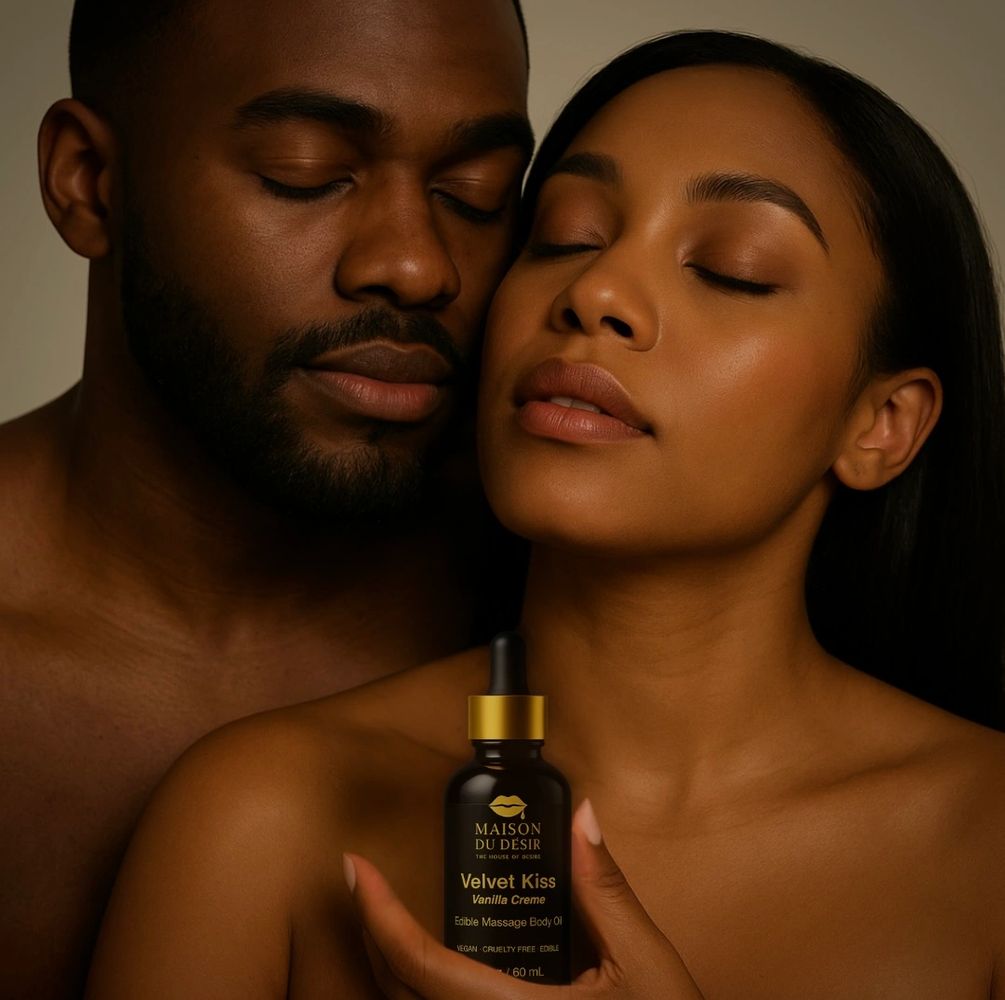 Couple enjoying intimate moment with Maison Du Désir Velvet Kiss body oil.