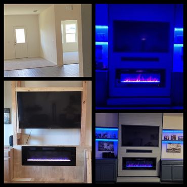 Electric fireplace wall with shelving, cabinets, and recessed lighting