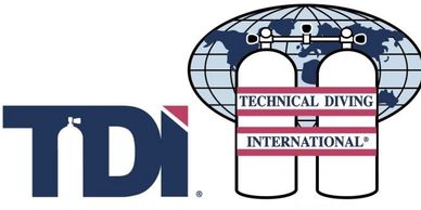 Logo of Technical Diving International with tanks and globe.
