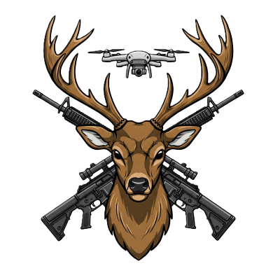 Illustration of a deer with guns and a drone.
