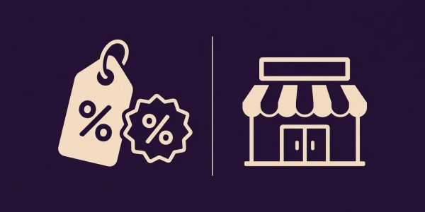 Icons of discount tags and a store on a dark background.