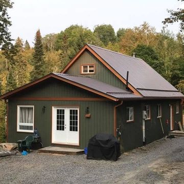 A green cabin surrounded by trees with a gravel driveway.