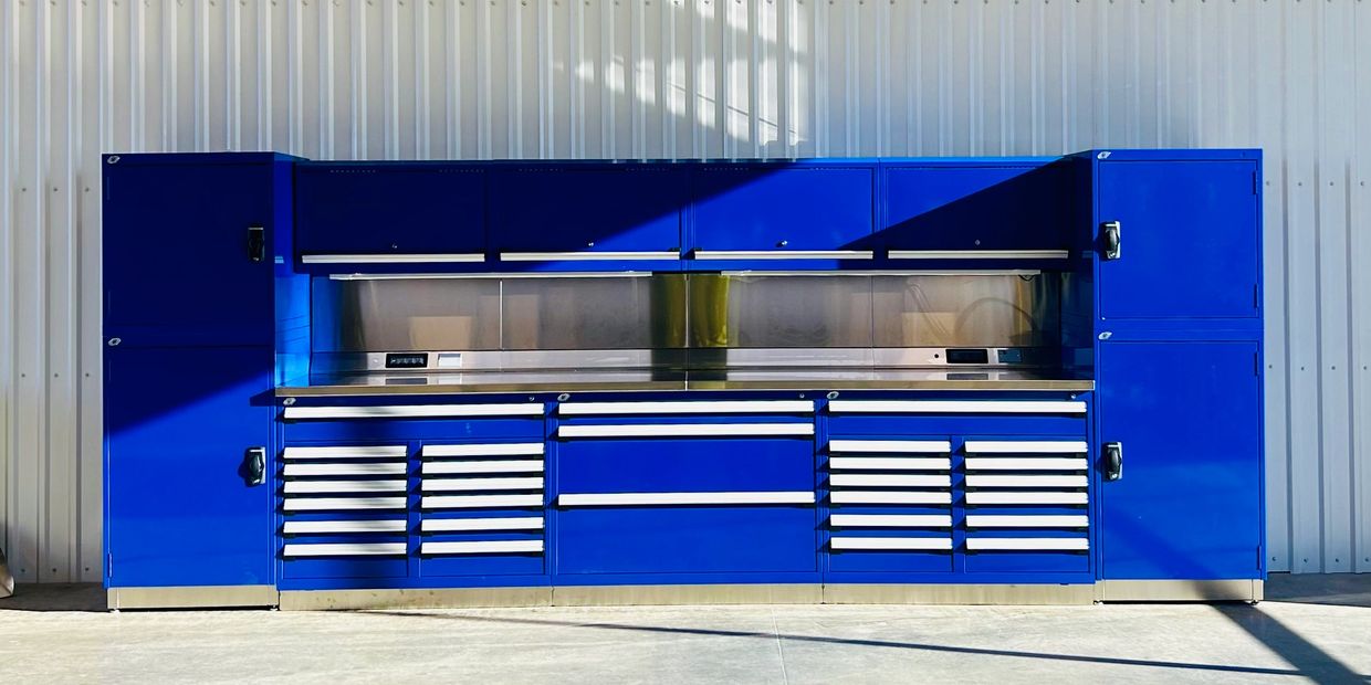 Dealer Showroom equipment repair workbench and cabinet storage

