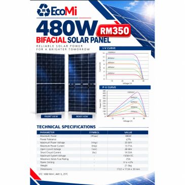 480W EcoMi bifacial solar panel with technical details.