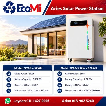 EcoMi Aries Solar Power Station with specifications and contact info.