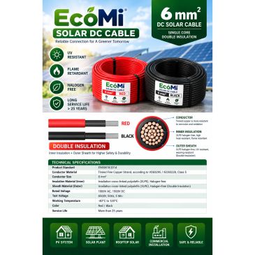 EcoMi 6mm² solar DC cable with double insulation, UV resistant and flame retardant.