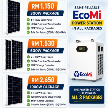 EcoMi solar power packages with inverter and battery.