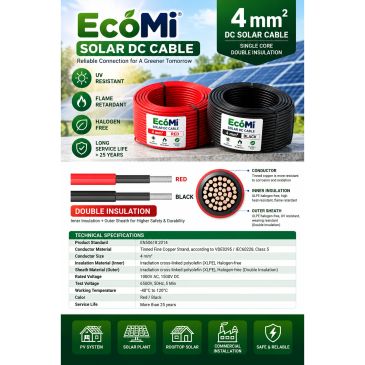 EcoMi 4mm² solar DC cable with double insulation, UV and flame resistant.