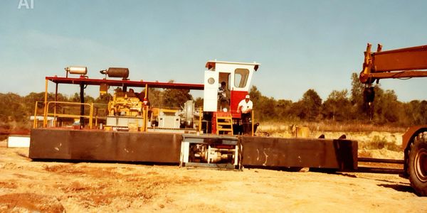 Large industrial dredging machine on a sandy site with operator cabin.