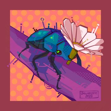 Colorful stylized beetle holding a large flower on a branch.