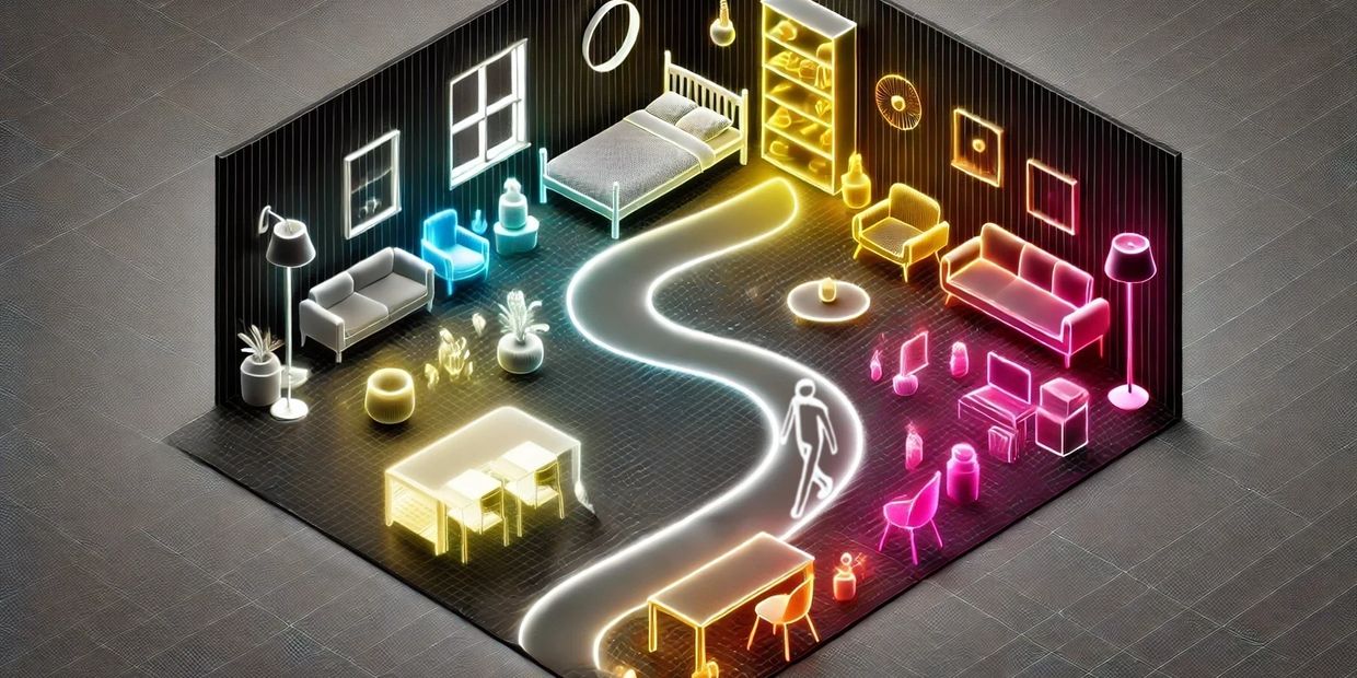 Artistic representation of technology aiding in navigating. Room items glow to show their location

