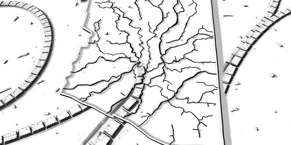 Black and white map with branching lines and segmented paths.