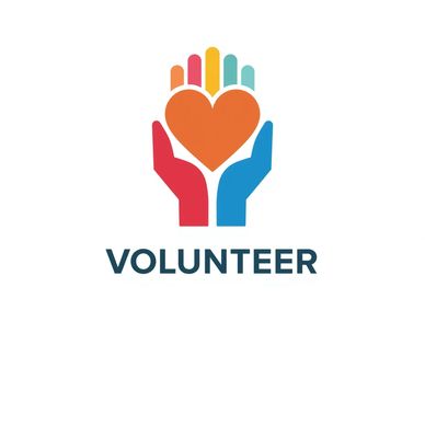 Colorful hands holding a heart symbol with 'VOLUNTEER' text below.