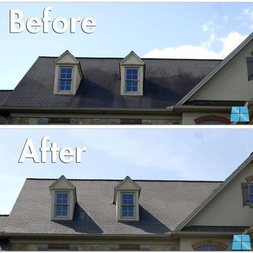 Before and after images showing roof cleaning on a house.