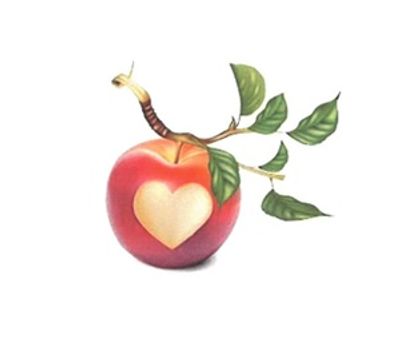 Red apple with a heart-shaped bite and green leaves on a branch.