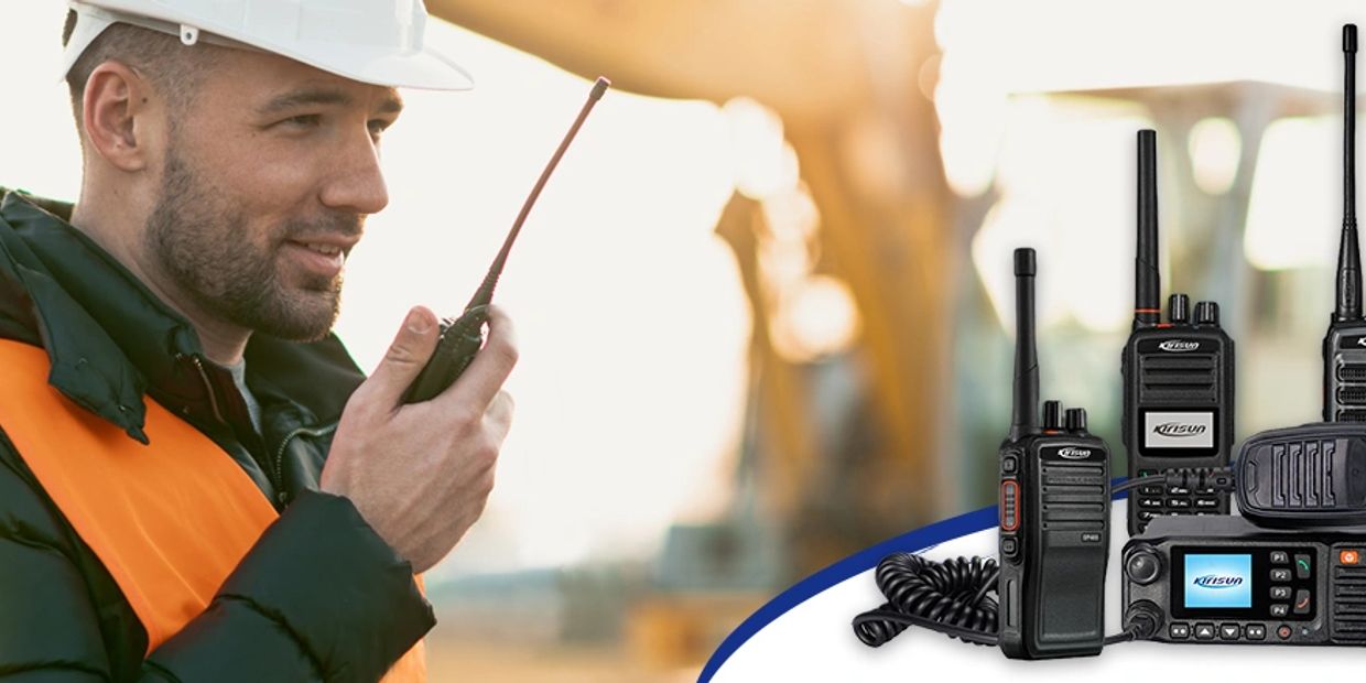 Construction worker using a walkie-talkie with various radios displayed.