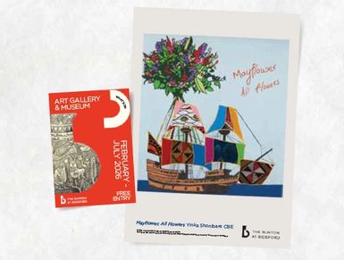 Art gallery flyer and colorful boat painting exhibit.