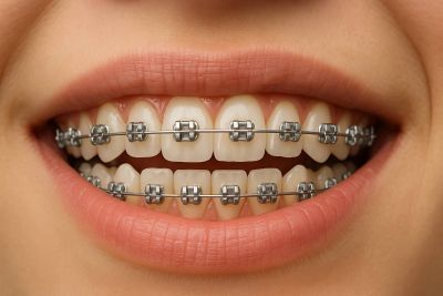 Close-up of a smiling mouth with metal braces on teeth.