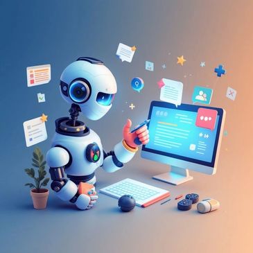 A friendly robot interacting with a computer, surrounded by digital icons and office items.