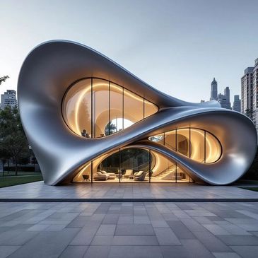 Futuristic house with smooth, flowing curves and warm interior lighting at dusk.