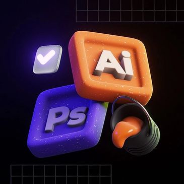 3D icons of Adobe Illustrator and Photoshop with paint bucket and check mark.
