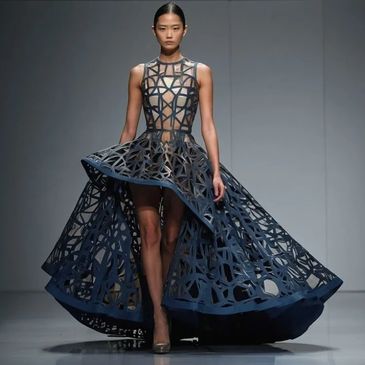 Model showcasing a futuristic black geometric cut-out gown on the runway.