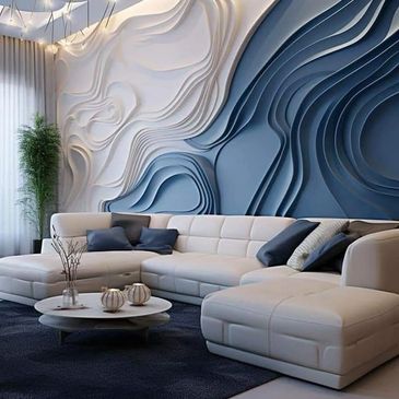 Modern living room with a sculptural blue and white 3D wall and beige sectional sofa.