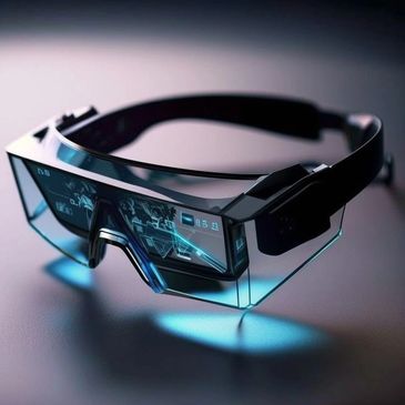 Futuristic augmented reality glasses with digital interface and holographic display.