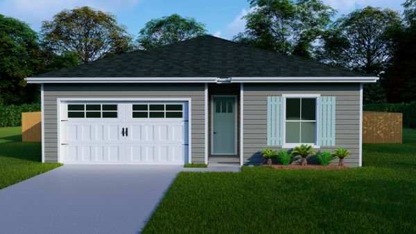 3D exterior rendering of 1739 square foot 4 bedroom home with 10 foot ceilings