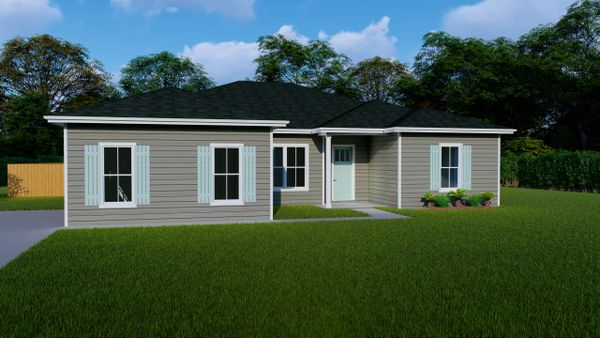 3D exterior rendering of 2078 square foot 4 bedroom 3 bath home with 10 foot ceilings