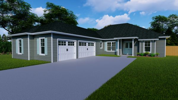 3D exterior rendering of 2693 square foot 5 bedroom home with 3 car garage