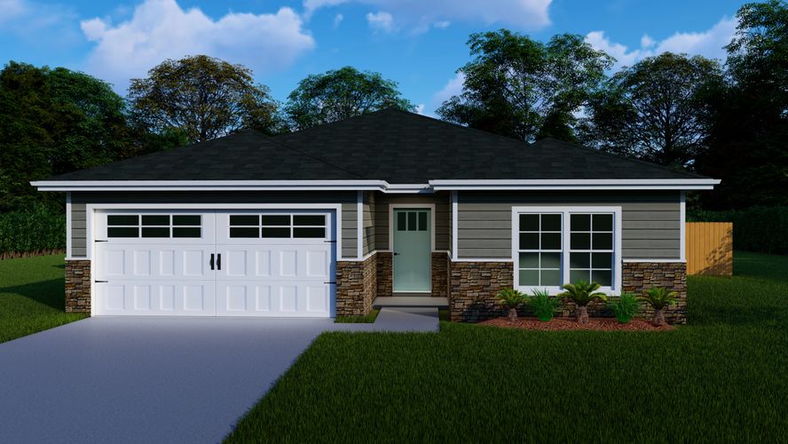3D exterior rendering of 1262 square foot 3 bedroom home with 2 car garage