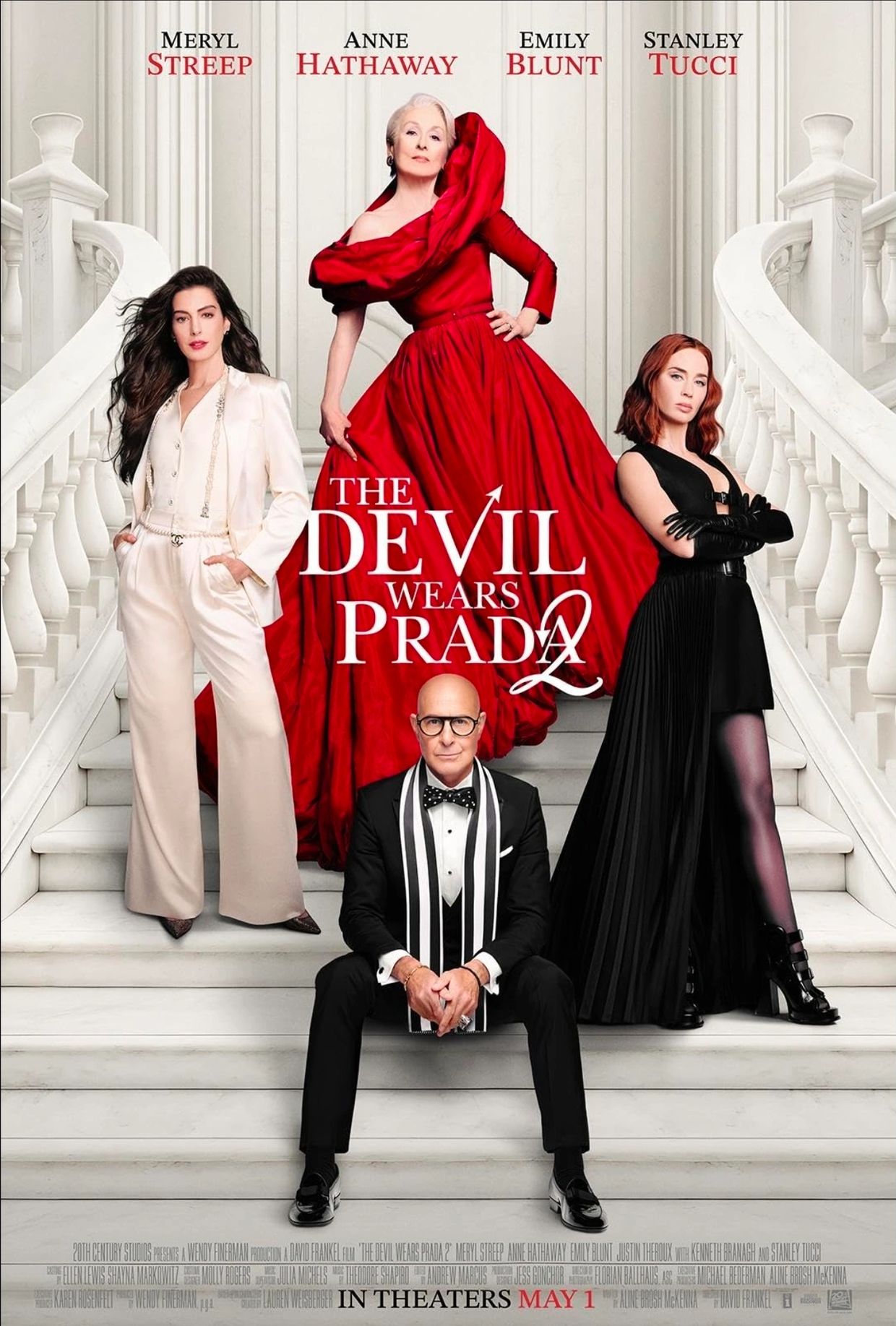 Movie poster of The Devil Wears Prada 2 with main cast on stairs.