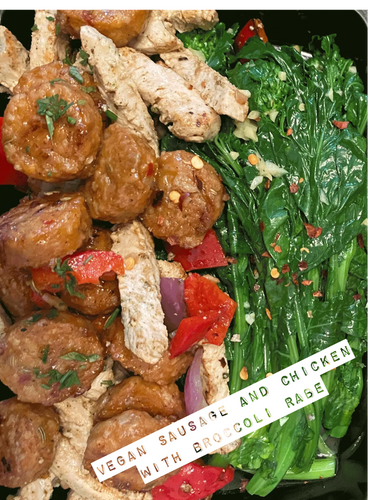 Vegan Sausage and Chicken with Broccoli Rabe