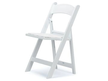 White folding chair with a padded seat for comfort.