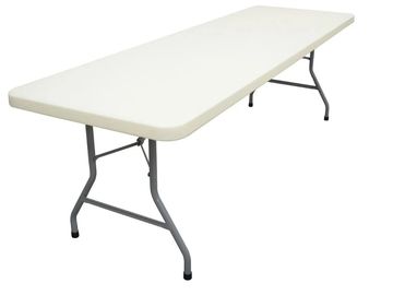 A white folding table with metal legs on a white background.
