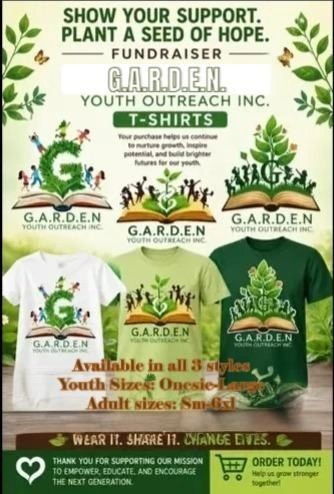 Fundraiser selling G.A.R.D.E.N. Youth Outreach t-shirts to support youth growth and potential.