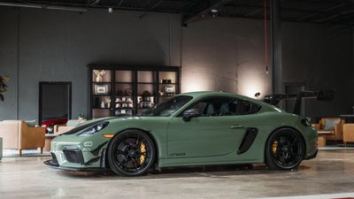 Porsche Cayman GT4 RS in Wolfpen gallery in Atlanta, Georgia after full Dundon aero package and MCS
