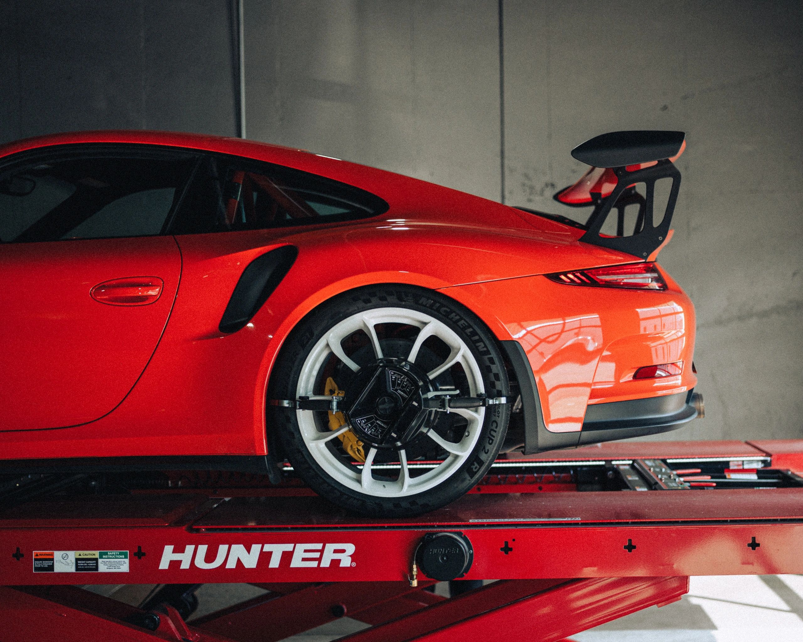 Porsche 911 GT3 RS on alignment rack at Wolfpen in Atlanta, Georgia