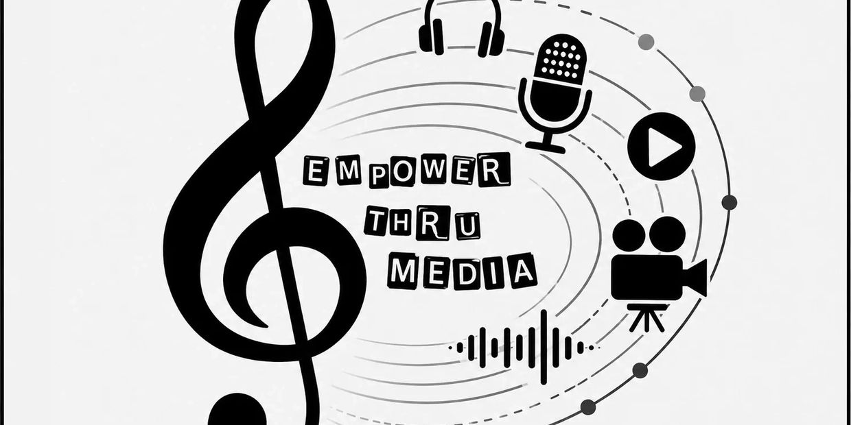 Musical treble clef and media icons with empowering message.