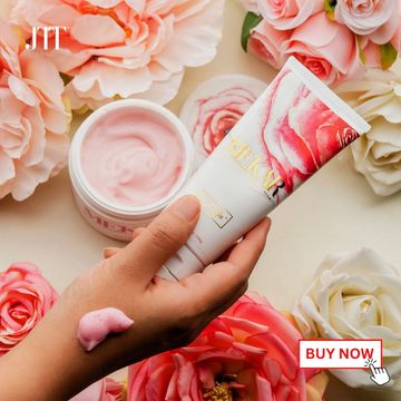 Hand holding tube of MEKAR cream firms, shapes, and lifts breast & body contours.