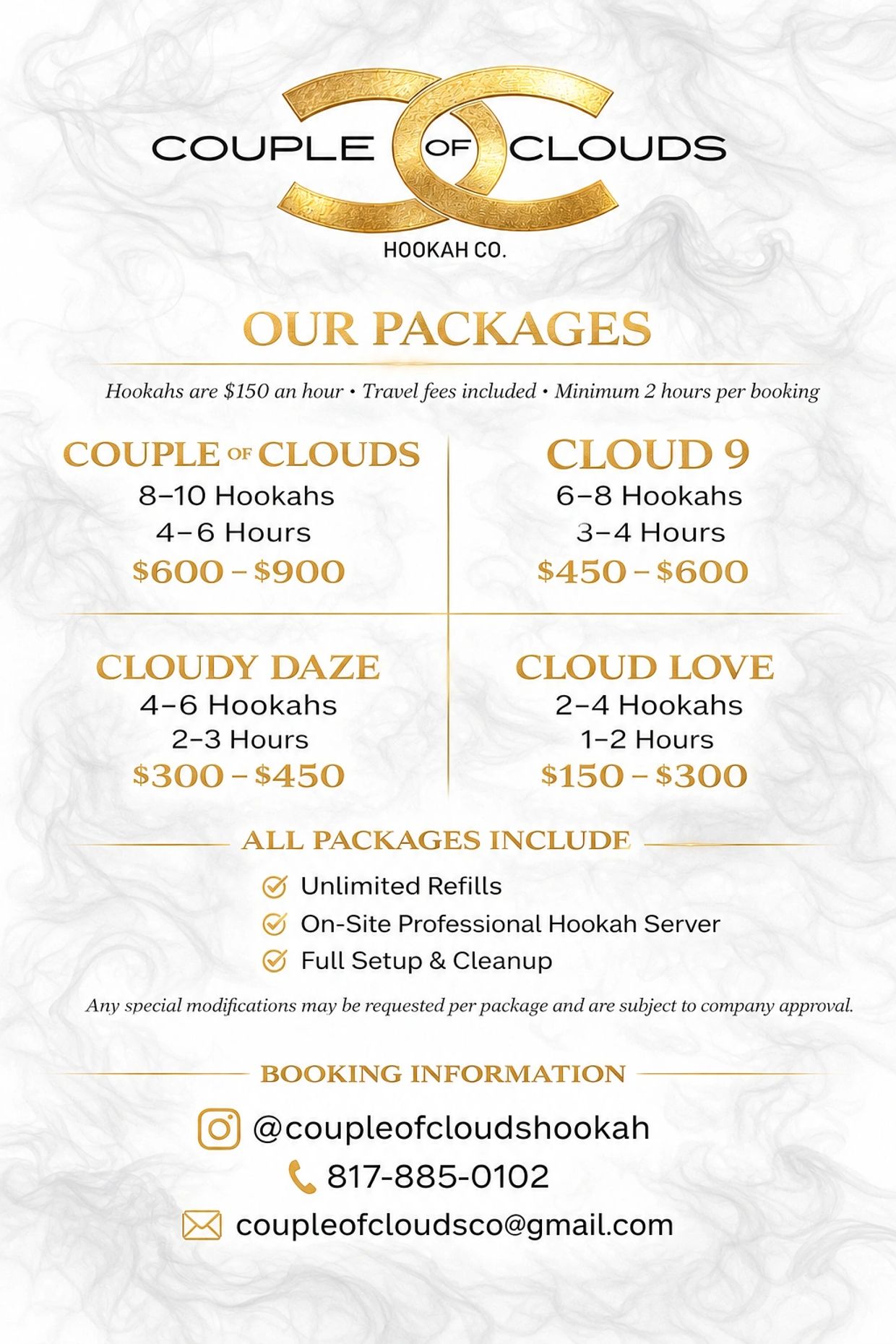 Couple of Clouds Hookah Co. package pricing and booking info.