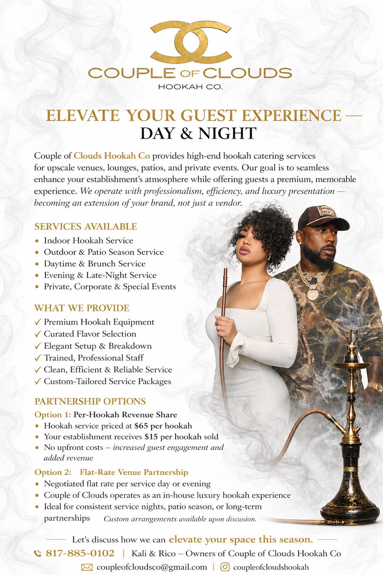 Flyer for Couple of Clouds Hookah Co. high-end catering services.