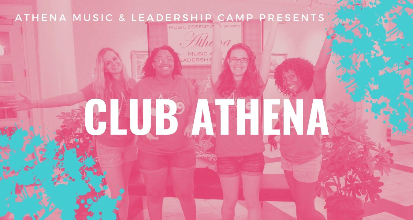 Four happy young women pose excitedly for Club Athena at a music and leadership camp.