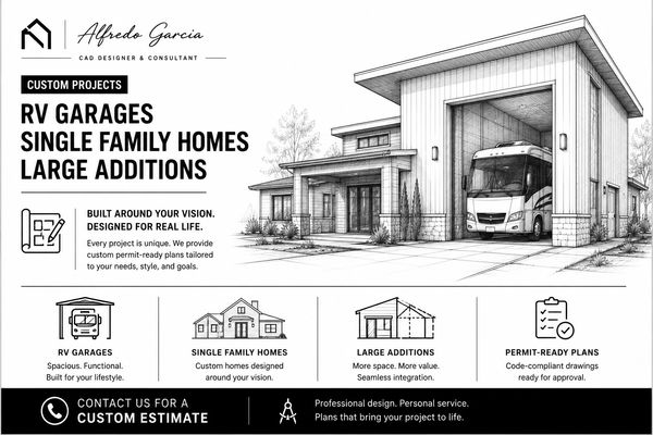 Architectural ad for custom RV garages, homes, and additions 