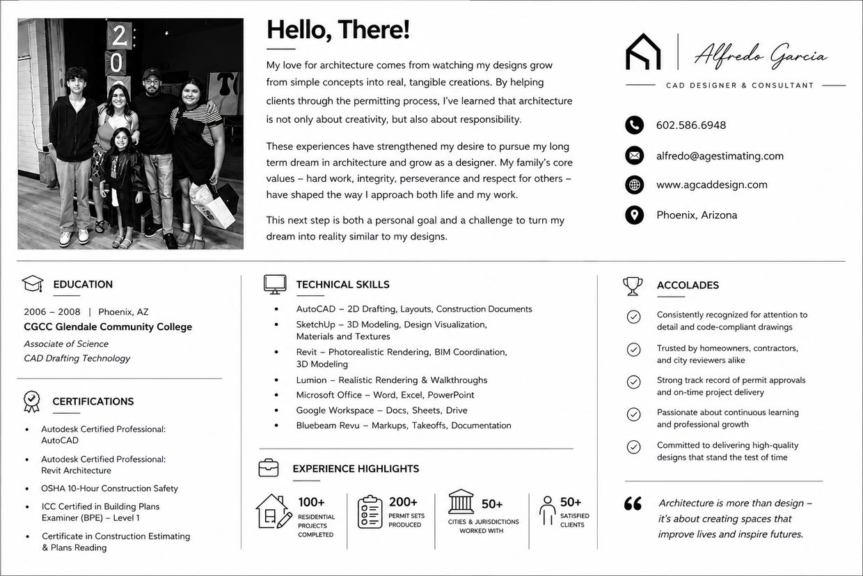 Professional architecture resume with skills, experience, and contact details.