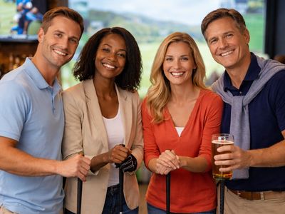 Four friends smiling indoors, holding mini golf clubs and a drink.