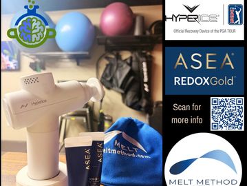 Hyperice and ASEA RedoxGold products with Melt Method branding on a table.